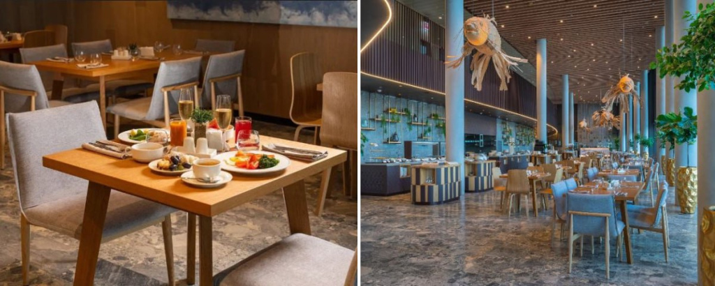 натуральное дерево и арт-элементы в дизайне ресторанного зала